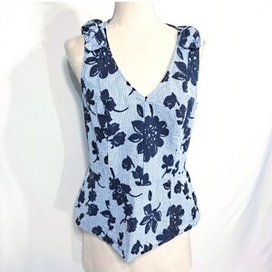 Draper James Blue Pinstripe Seersucker Floral Peplum Sleeveless Top
